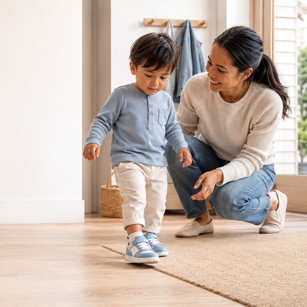 Child wearing comfortable Sensori shoes at home with a parent nearby